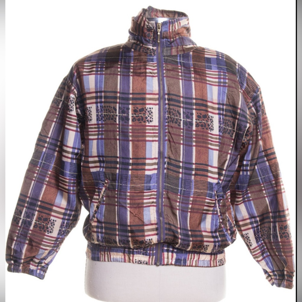 •ABVIEN•VINTAGE PLAID LEOPARD PRINT 100% SILK RETRO FULL ZIP JACKET SIZE MEDIUM